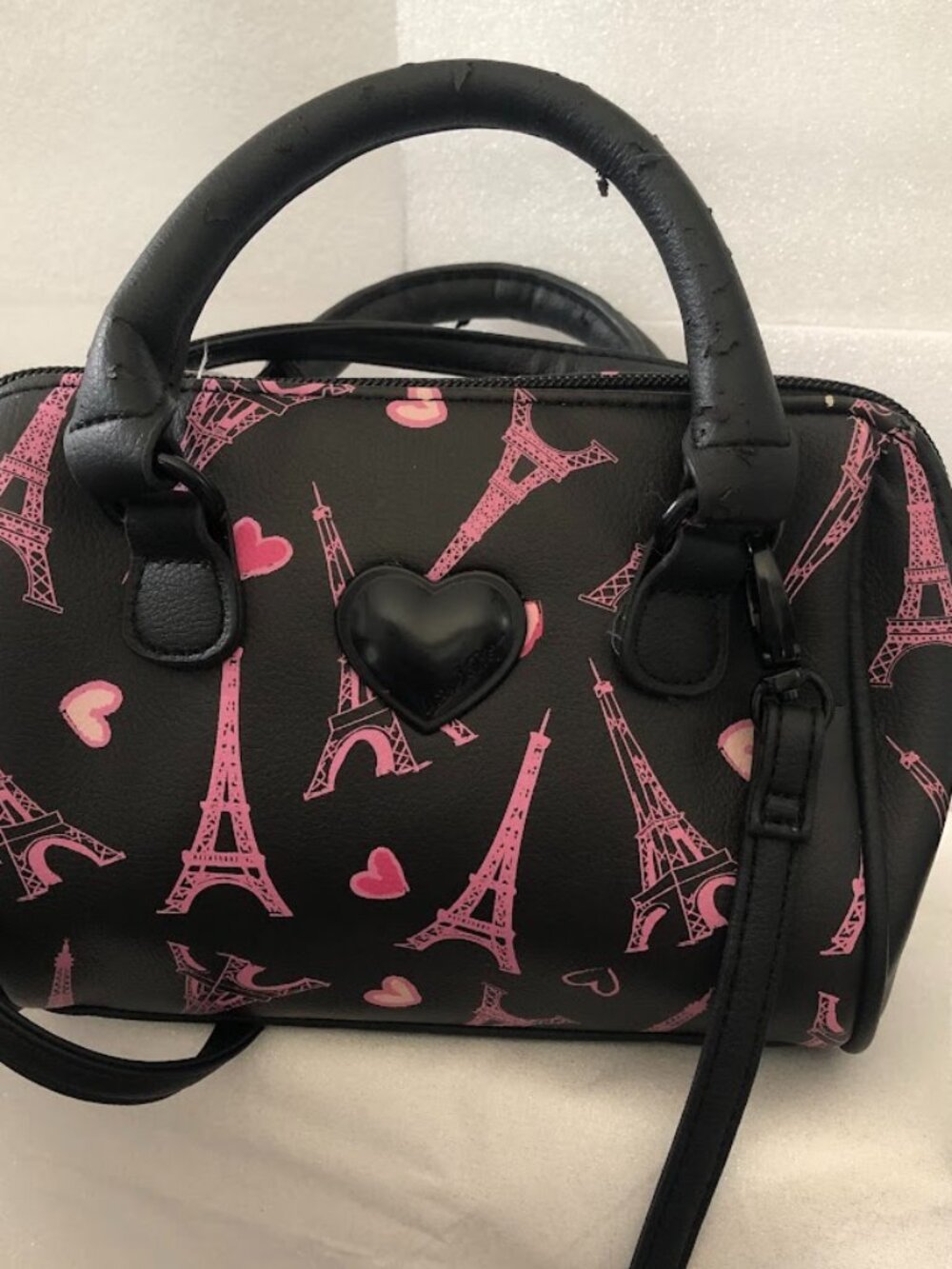 Betsey Johnson Mini Barrel PInk & Black Eiffel Tower Crossbody bag